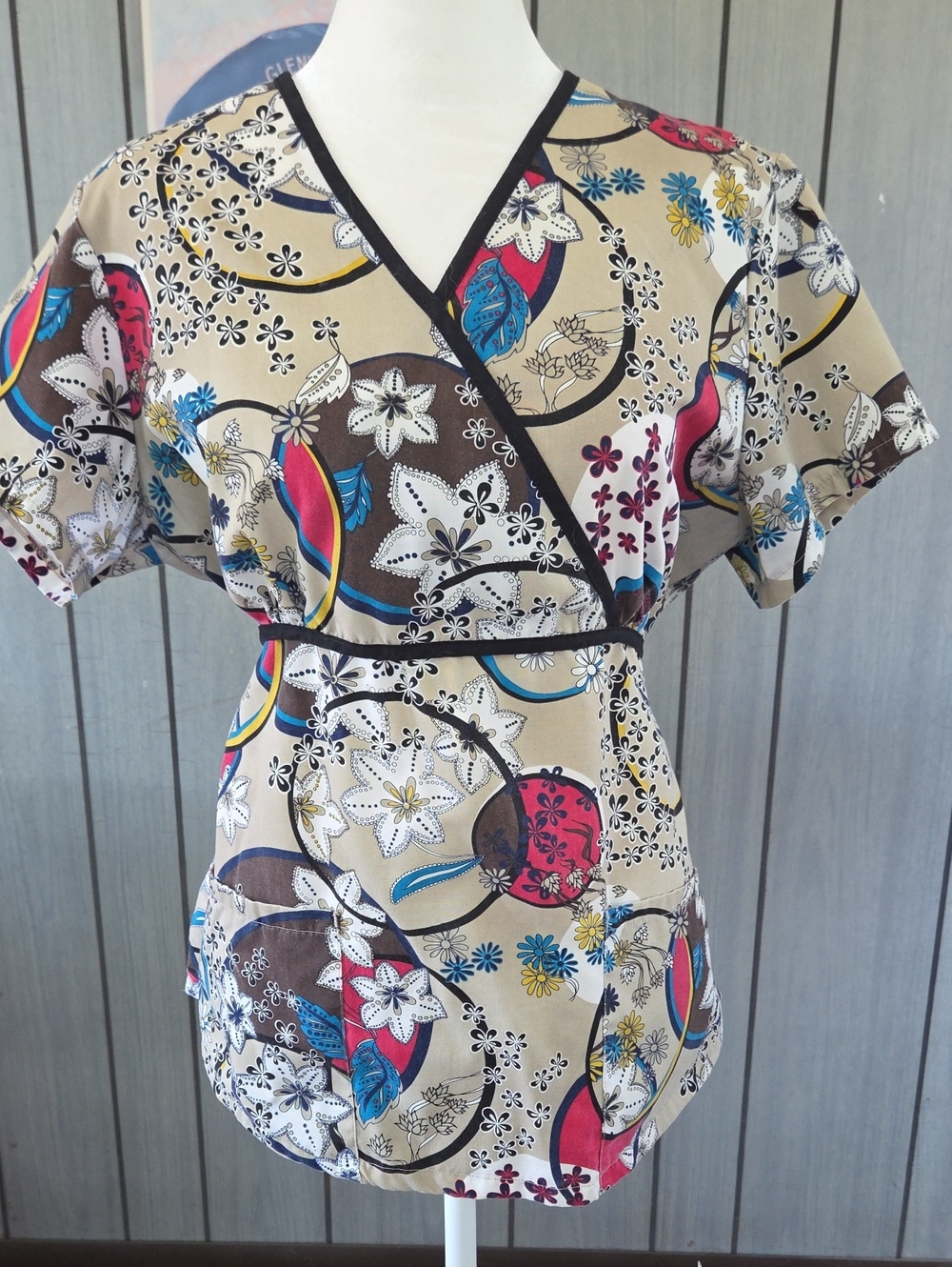 SB Scrubs Floral Wrap-Style Women's Scrub Top in Beige with Multicolor Print